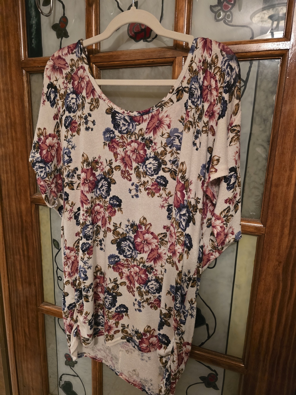 Tempted Cream Floral Scoop-Neck Tunic with Pink & Blue Blooms
